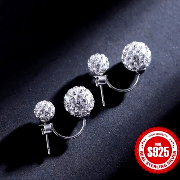 Sterling Silver S925.  Double Rhinestone Ball Ear  Classic Daily Wear Perfect - Picture 4 of 13